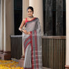 Grey Cotton Mahapar Border With Stripe Pallu Handloom Saree