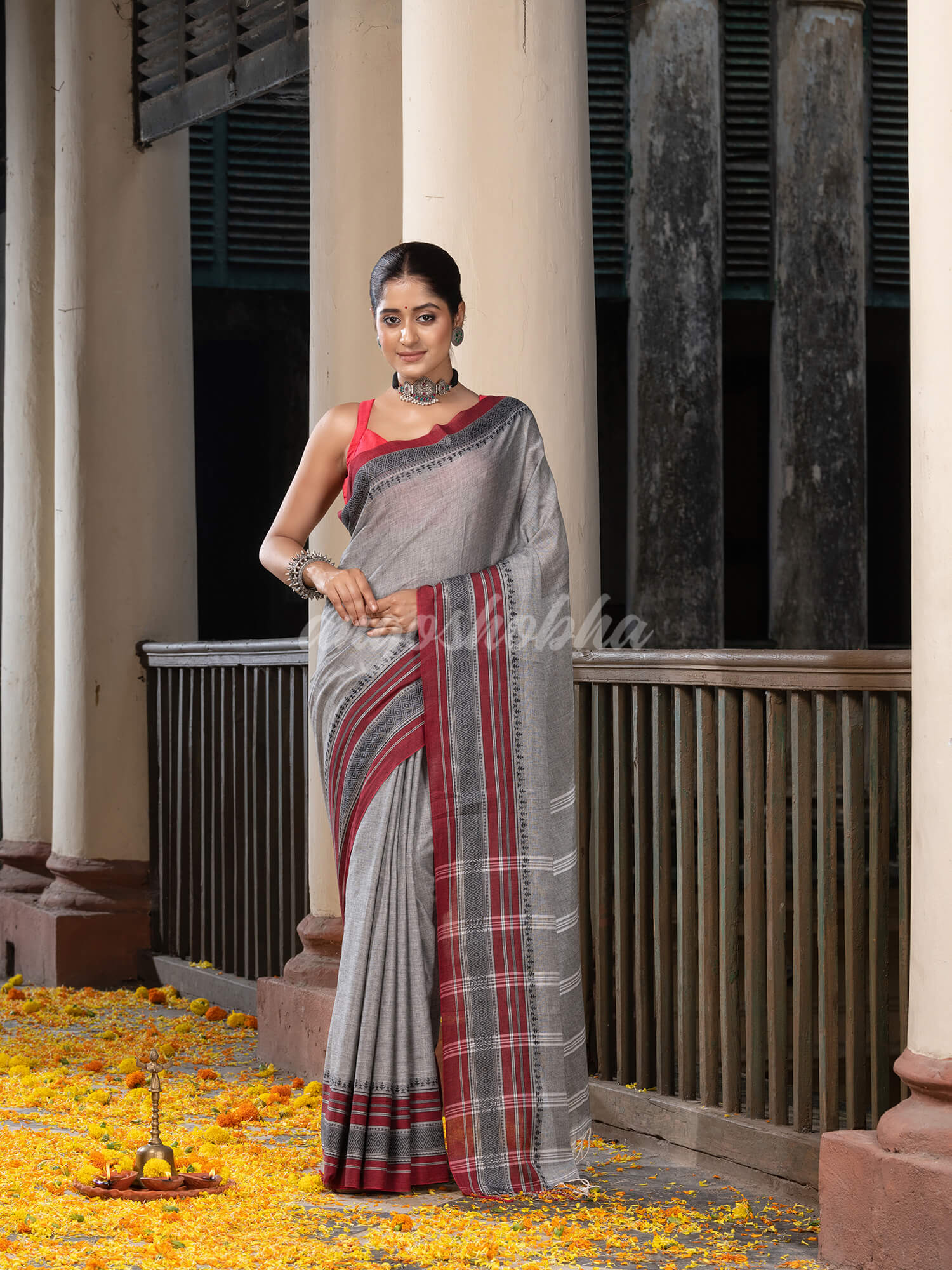 Grey Cotton Mahapar Border With Stripe Pallu Handloom Saree