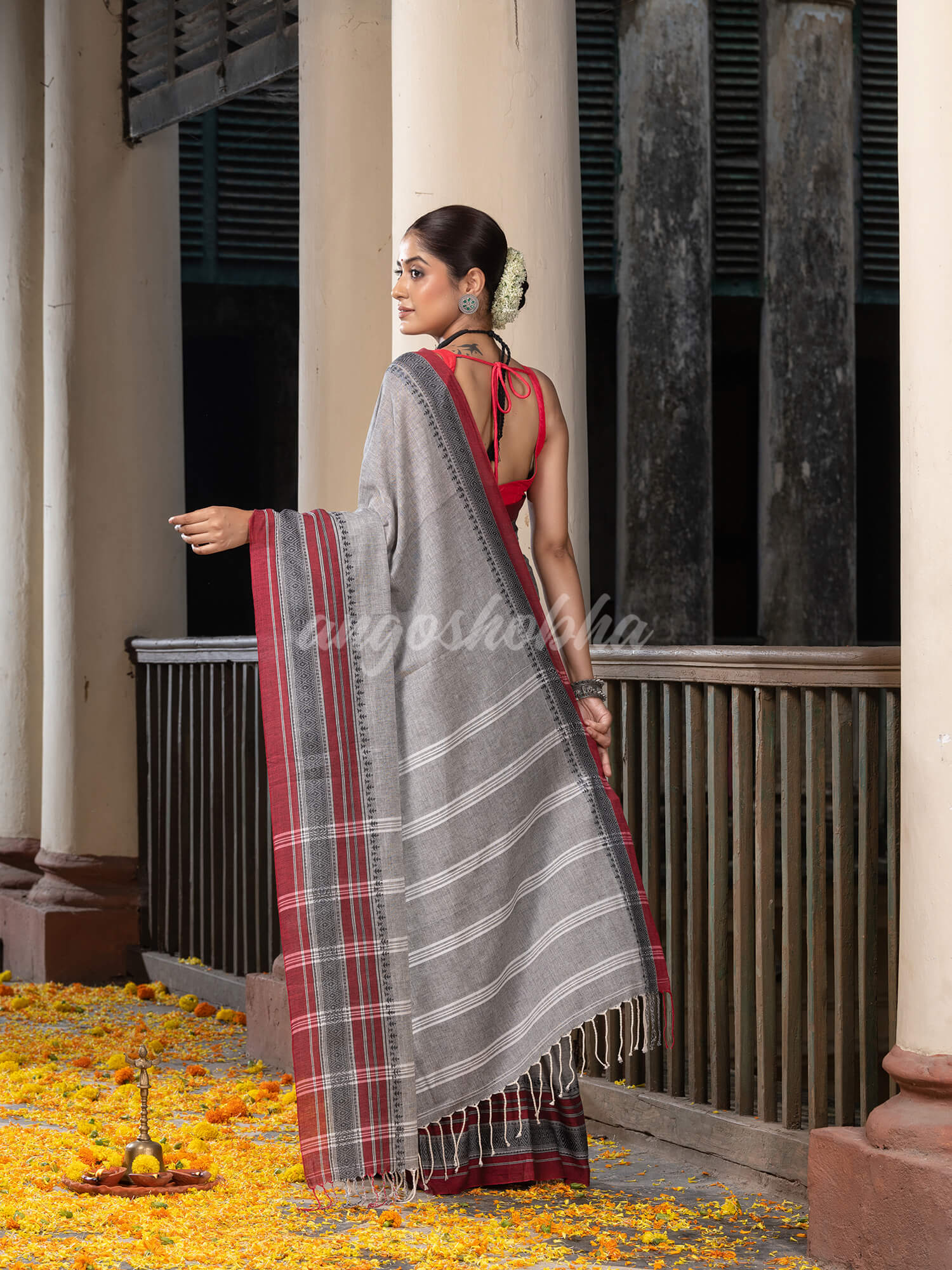 Grey Cotton Mahapar Border With Stripe Pallu Handloom Saree