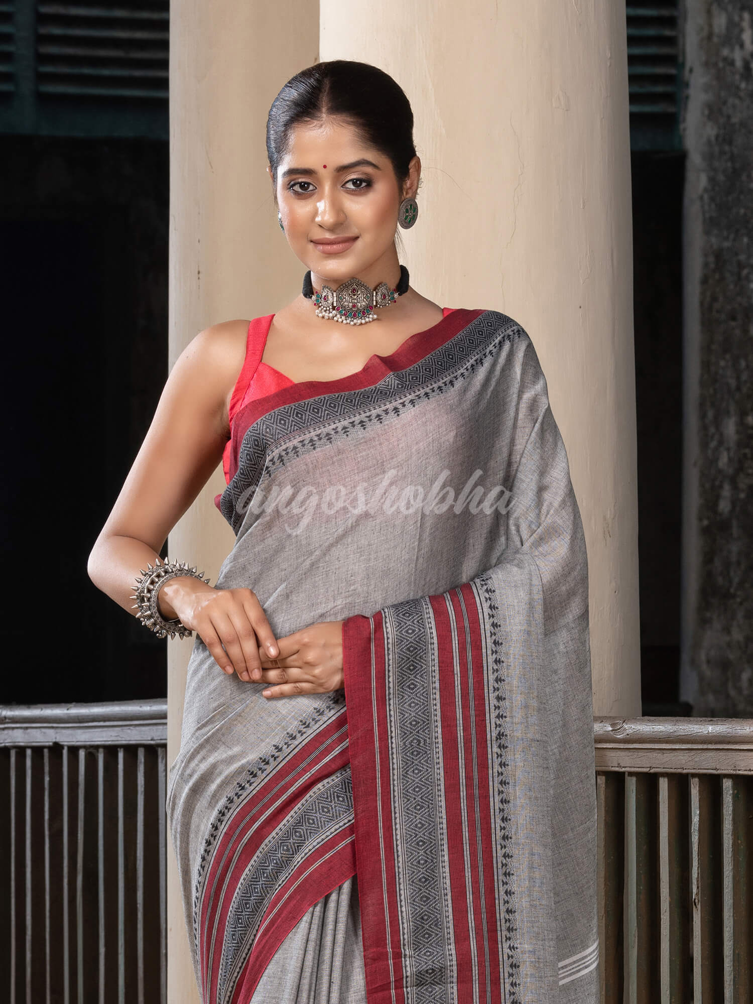 Grey Cotton Mahapar Border With Stripe Pallu Handloom Saree