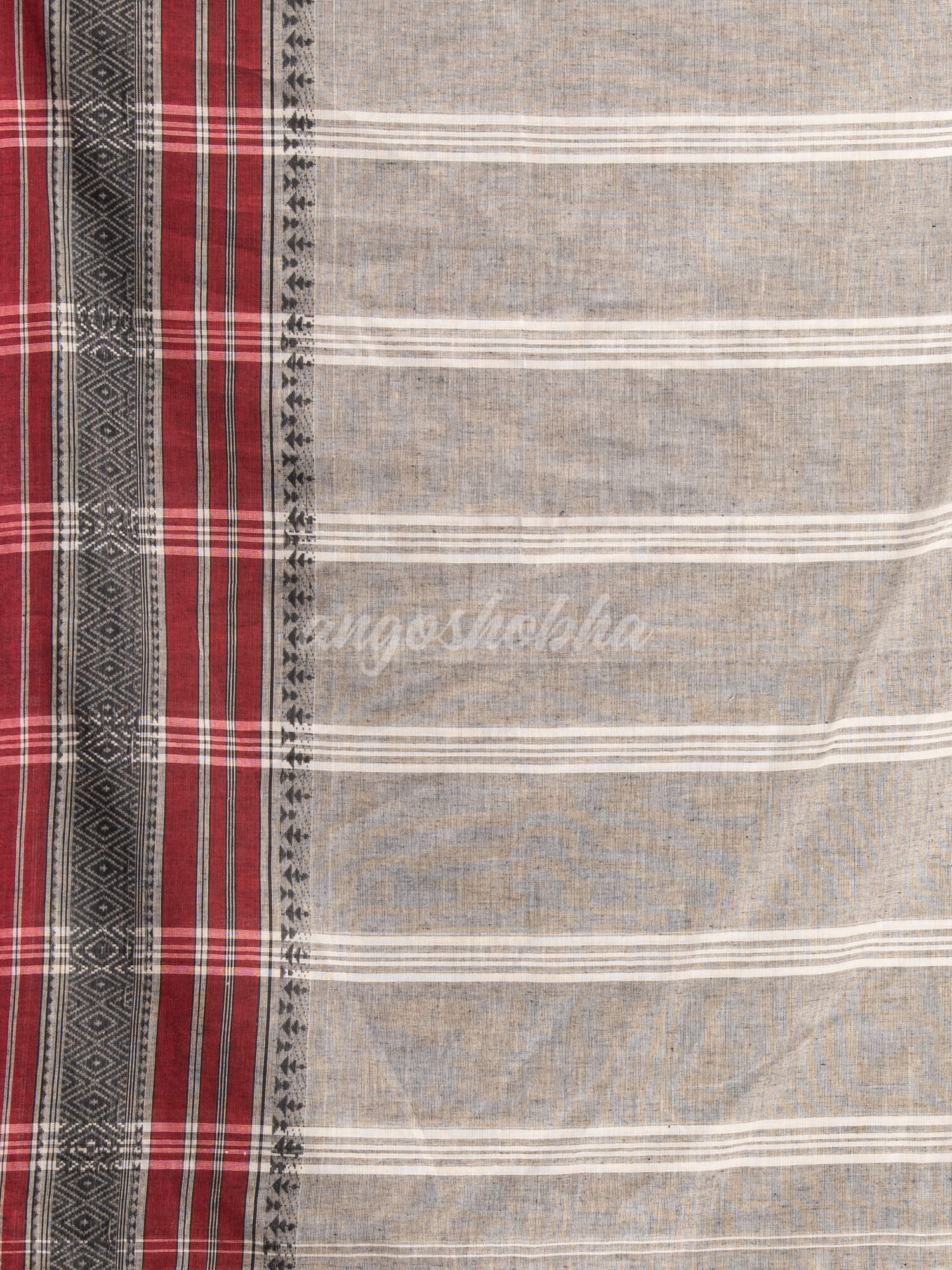 Grey Cotton Mahapar Border With Stripe Pallu Handloom Saree