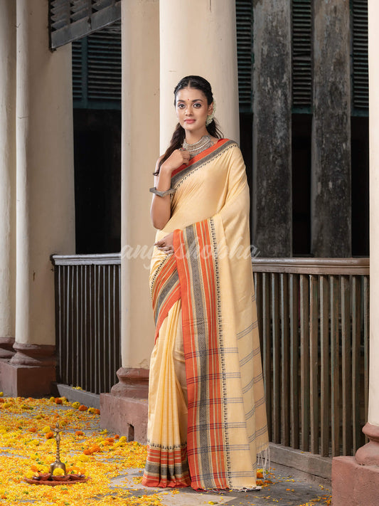 Sand Yellow Green Cotton Mahapar Border With Stripe Pallu Handloom Saree