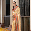 Sand Yellow Green Cotton Mahapar Border With Stripe Pallu Handloom Saree