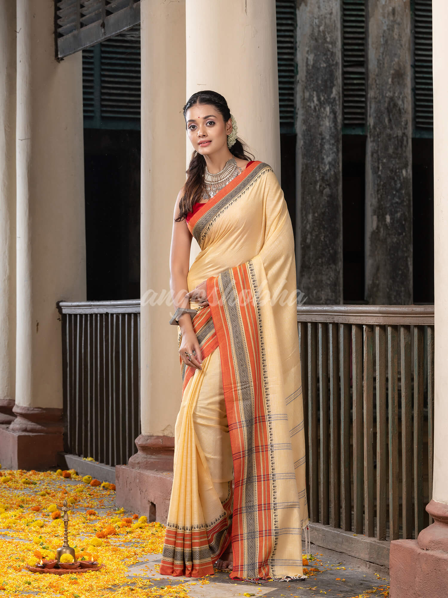 Sand Yellow Green Cotton Mahapar Border With Stripe Pallu Handloom Saree