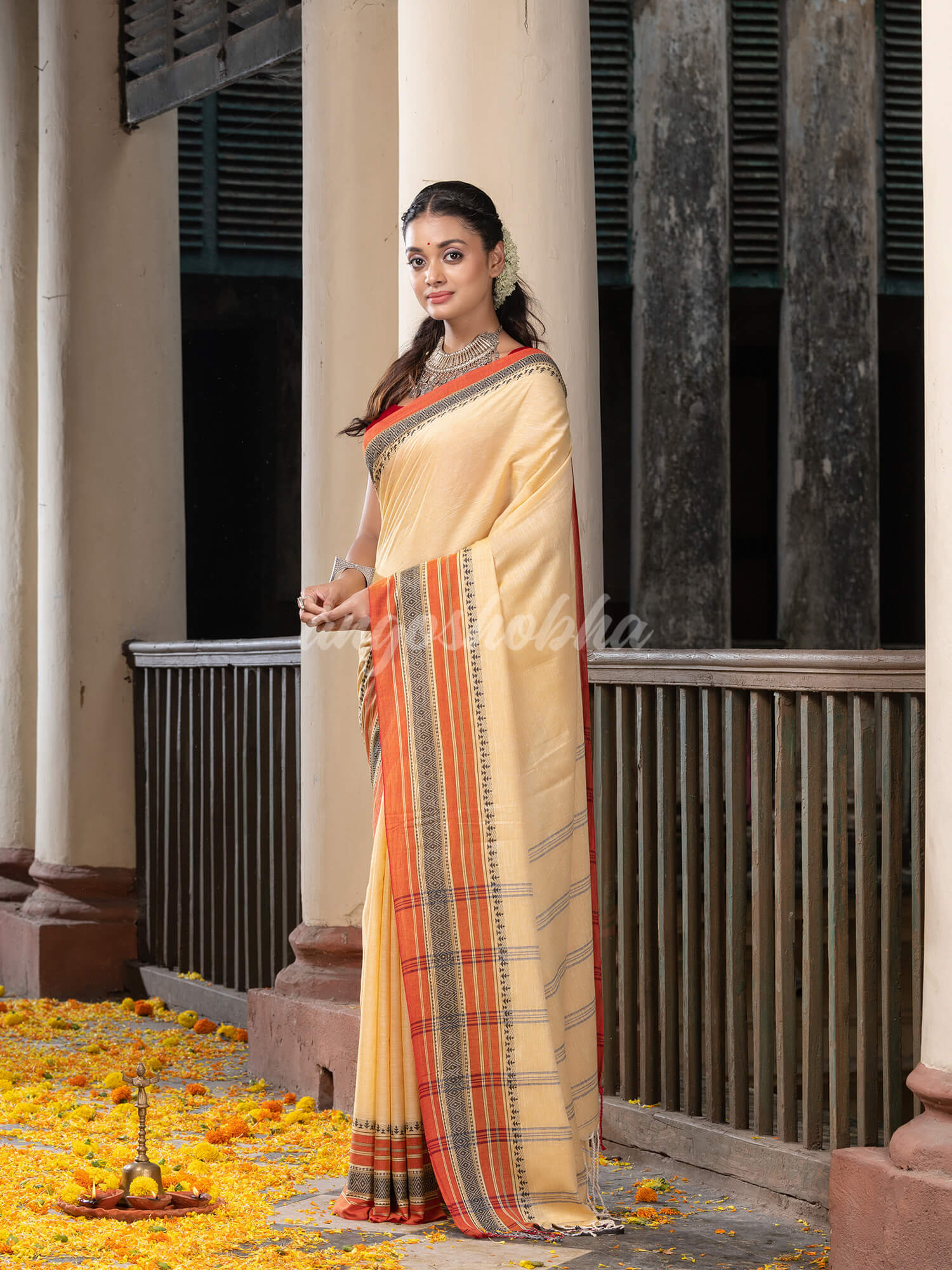Sand Yellow Green Cotton Mahapar Border With Stripe Pallu Handloom Saree