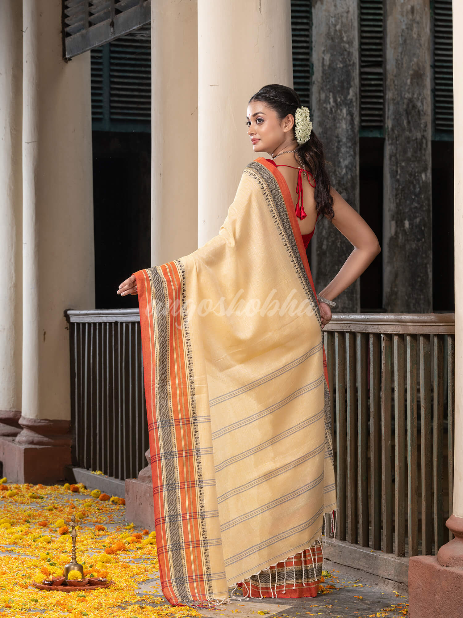 Sand Yellow Green Cotton Mahapar Border With Stripe Pallu Handloom Saree