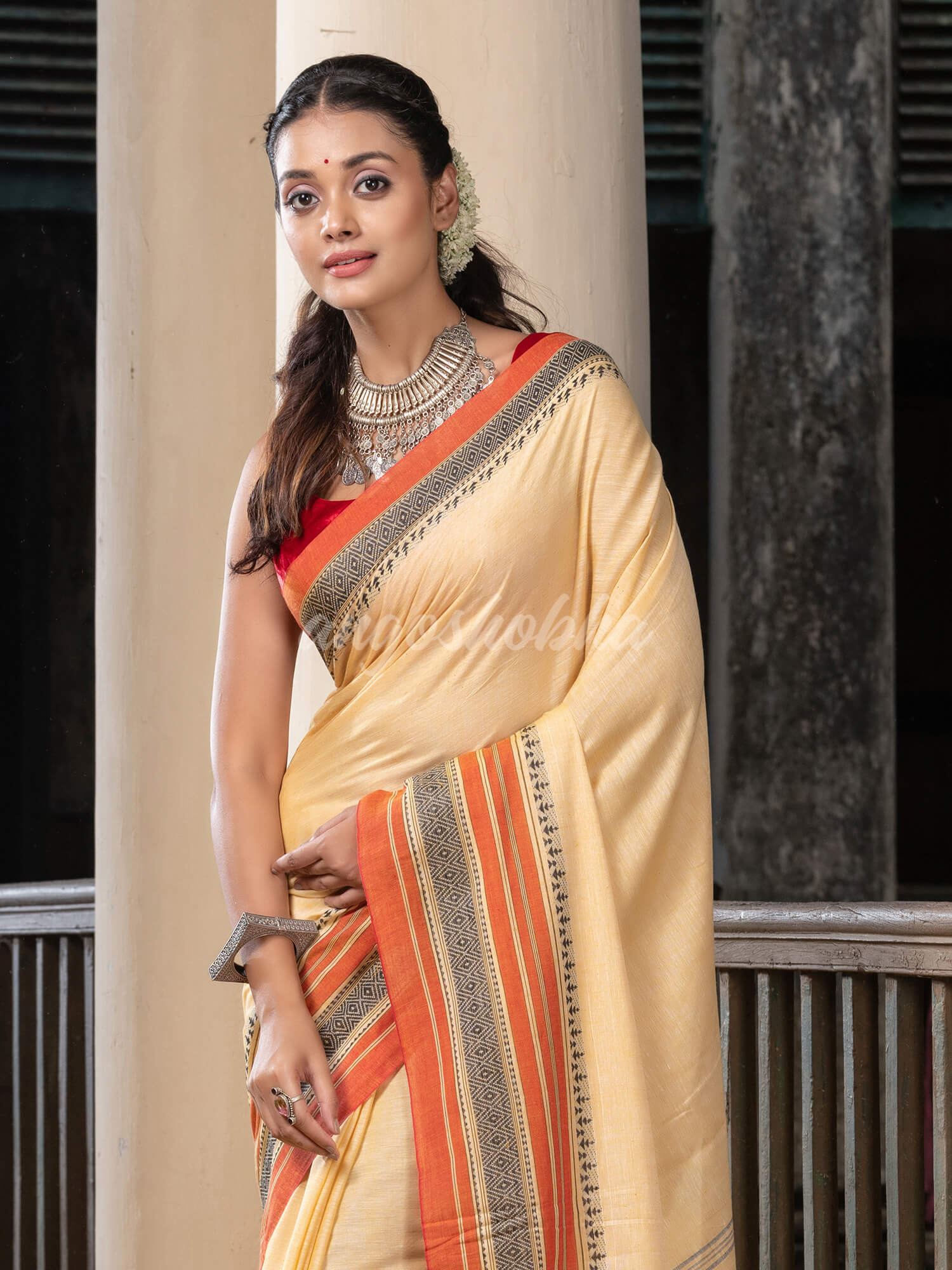 Sand Yellow Green Cotton Mahapar Border With Stripe Pallu Handloom Saree