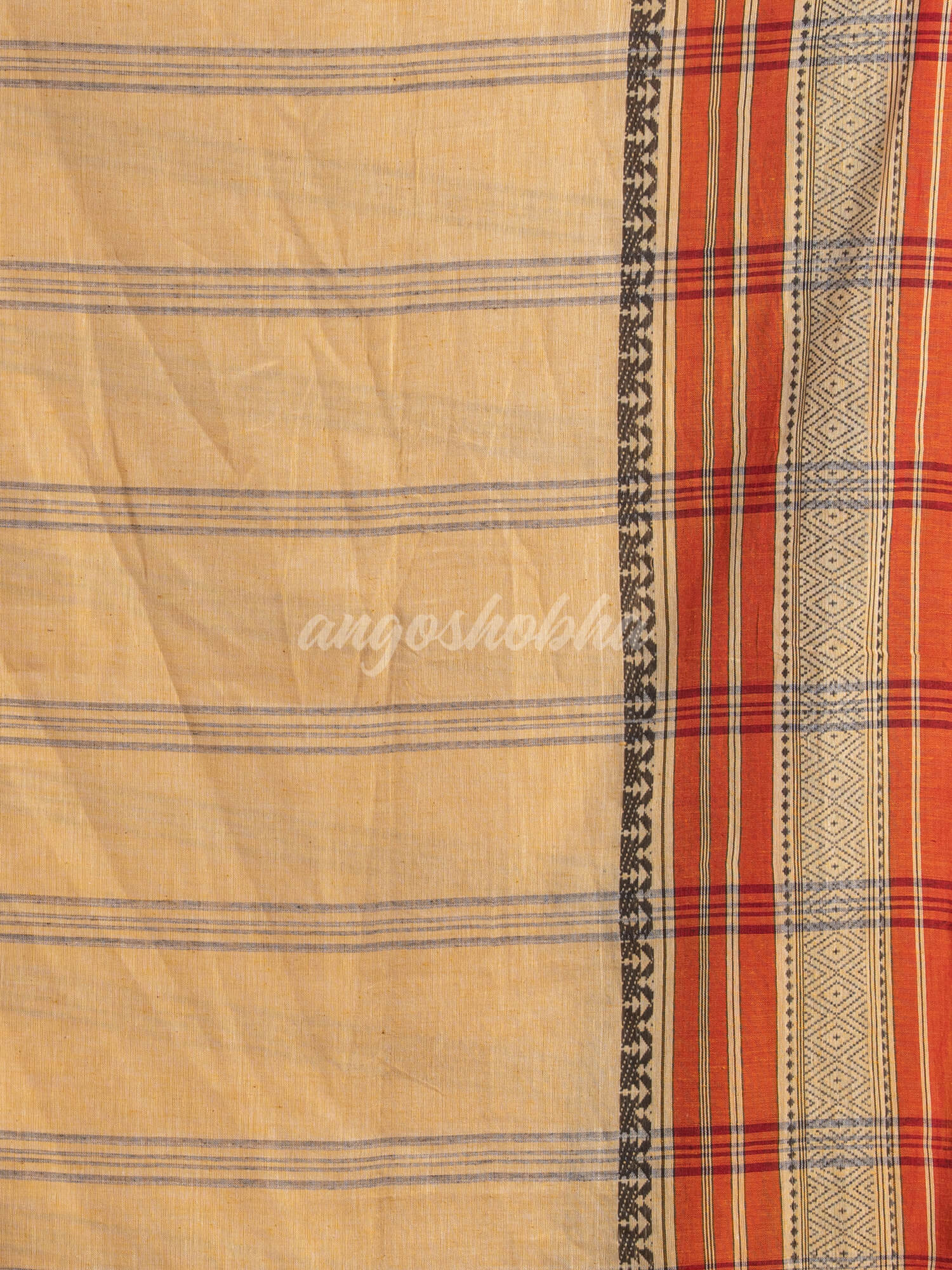 Sand Yellow Green Cotton Mahapar Border With Stripe Pallu Handloom Saree