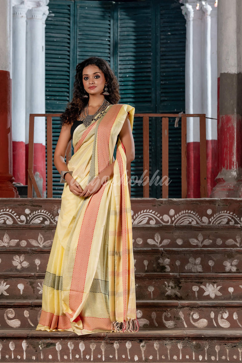 Light Lvory Cotton Solid Body Jacquard Border With Pallu Stripe Handloom Saree