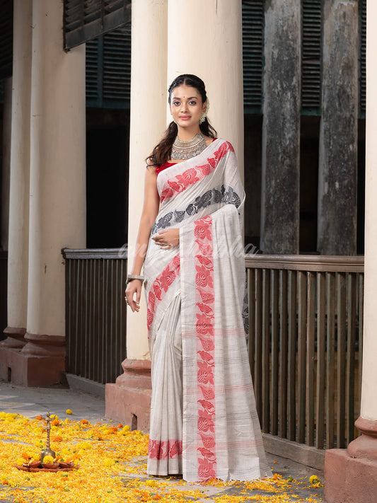 Off White Cotton Solid Body Jacquard Border With Pallu Stripe Handloom Saree