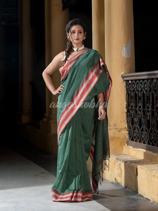 Lagoon Green Cotton Solid Body Jacquard Border With Pallu Stripe Handloom Saree