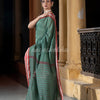 Lagoon Green Cotton Solid Body Jacquard Border With Pallu Stripe Handloom Saree
