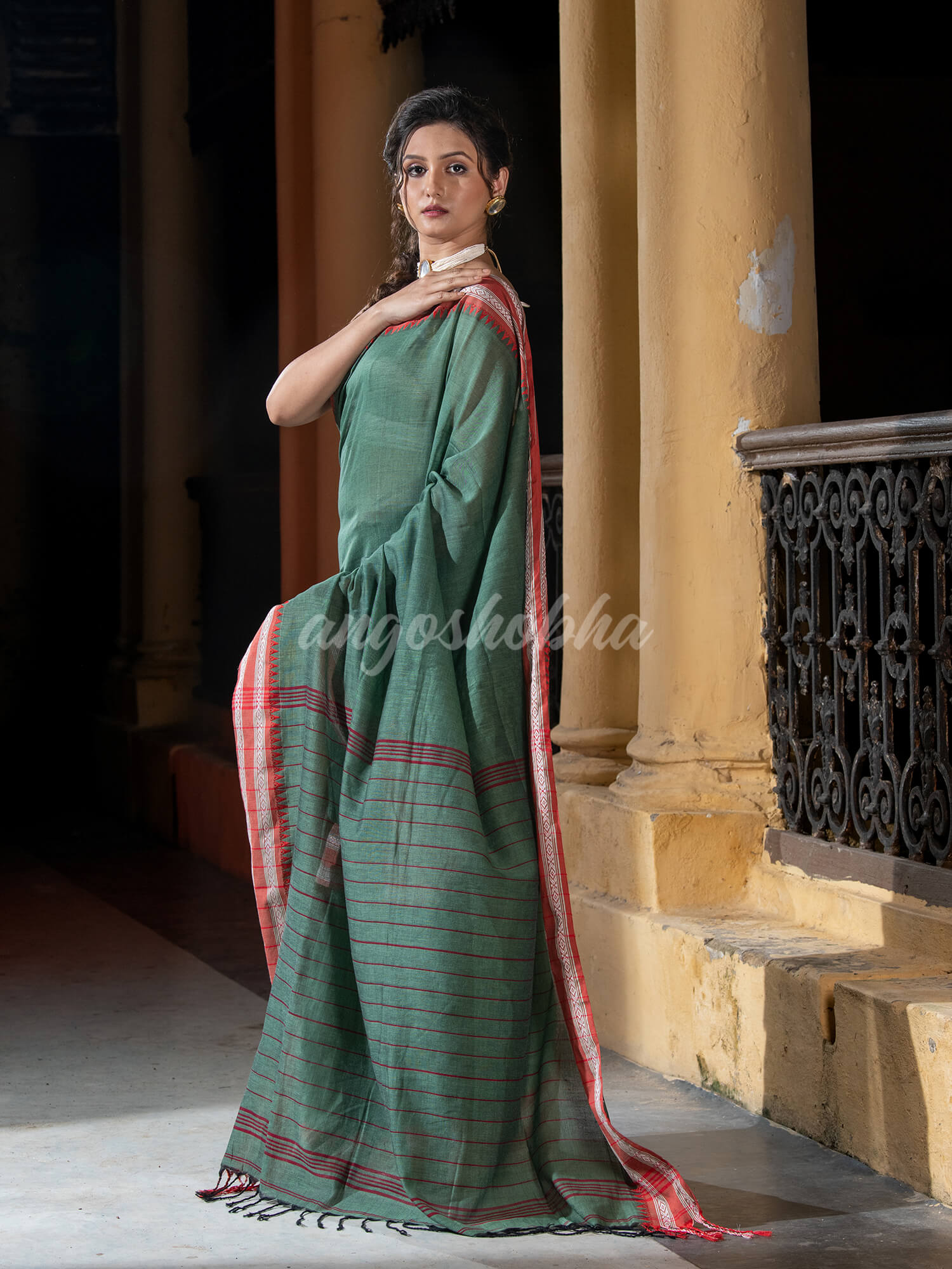 Lagoon Green Cotton Solid Body Jacquard Border With Pallu Stripe Handloom Saree