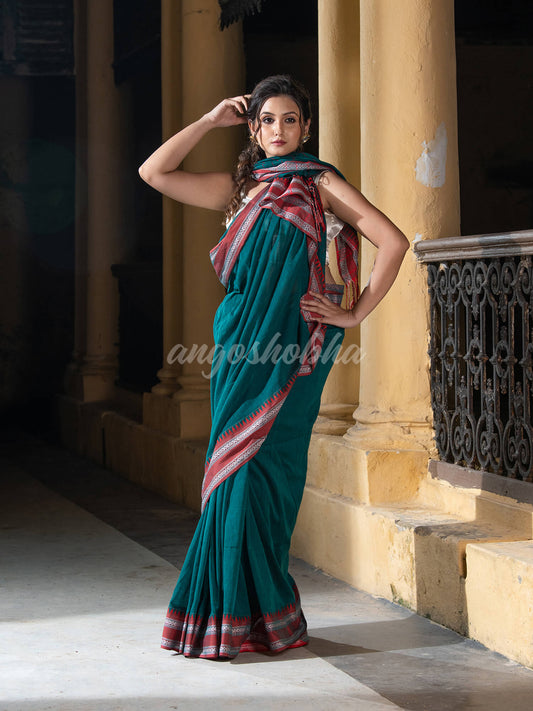 Rama Green Cotton Solid Body Jacquard Border With Pallu Stripe Handloom Saree