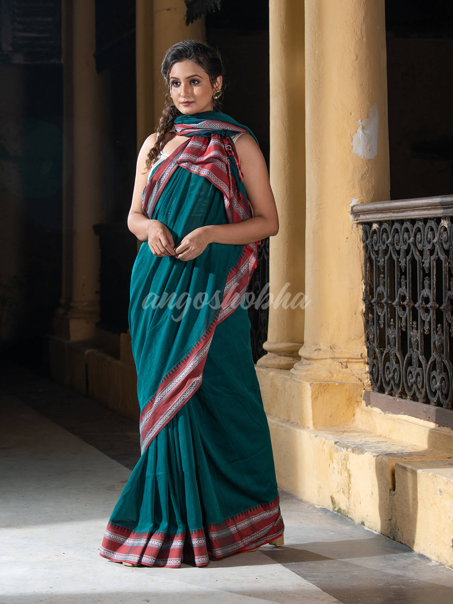 Rama Green Cotton Solid Body Jacquard Border With Pallu Stripe Handloom Saree