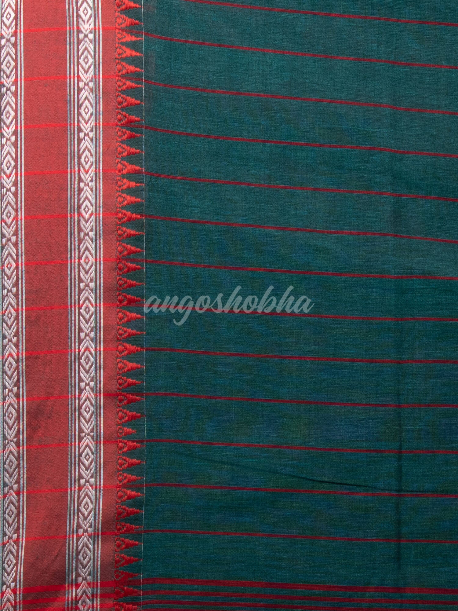 Rama Green Cotton Solid Body Jacquard Border With Pallu Stripe Handloom Saree