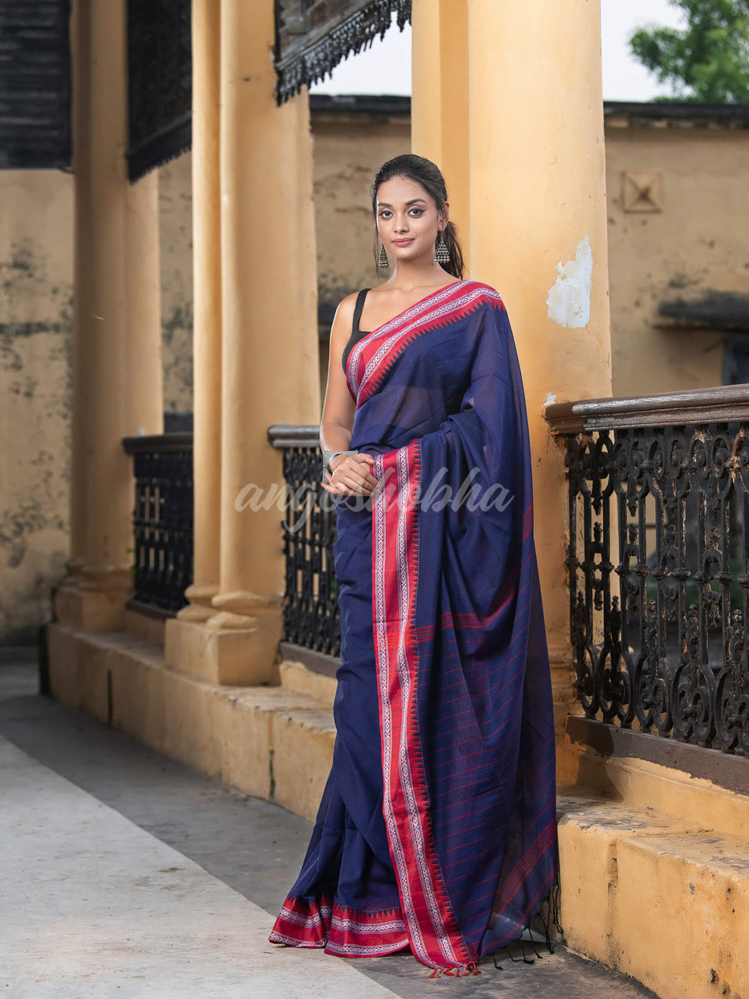 Cobalt Blue Cotton Solid Body Jacquard Border With Pallu Stripe Handloom Saree