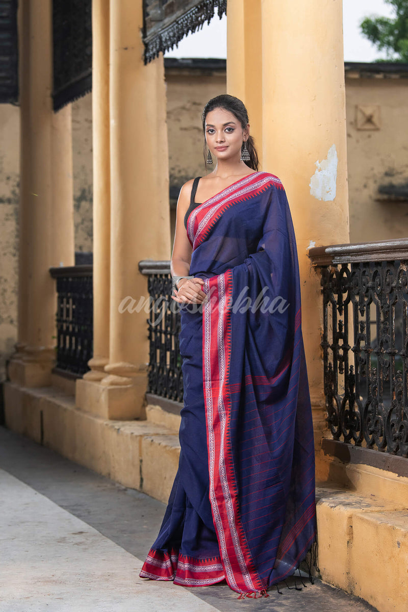 Cobalt Blue Cotton Solid Body Jacquard Border With Pallu Stripe Handloom Saree