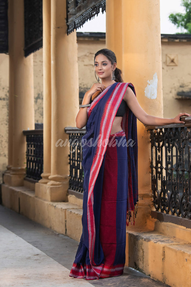 Cobalt Blue Cotton Solid Body Jacquard Border With Pallu Stripe Handloom Saree