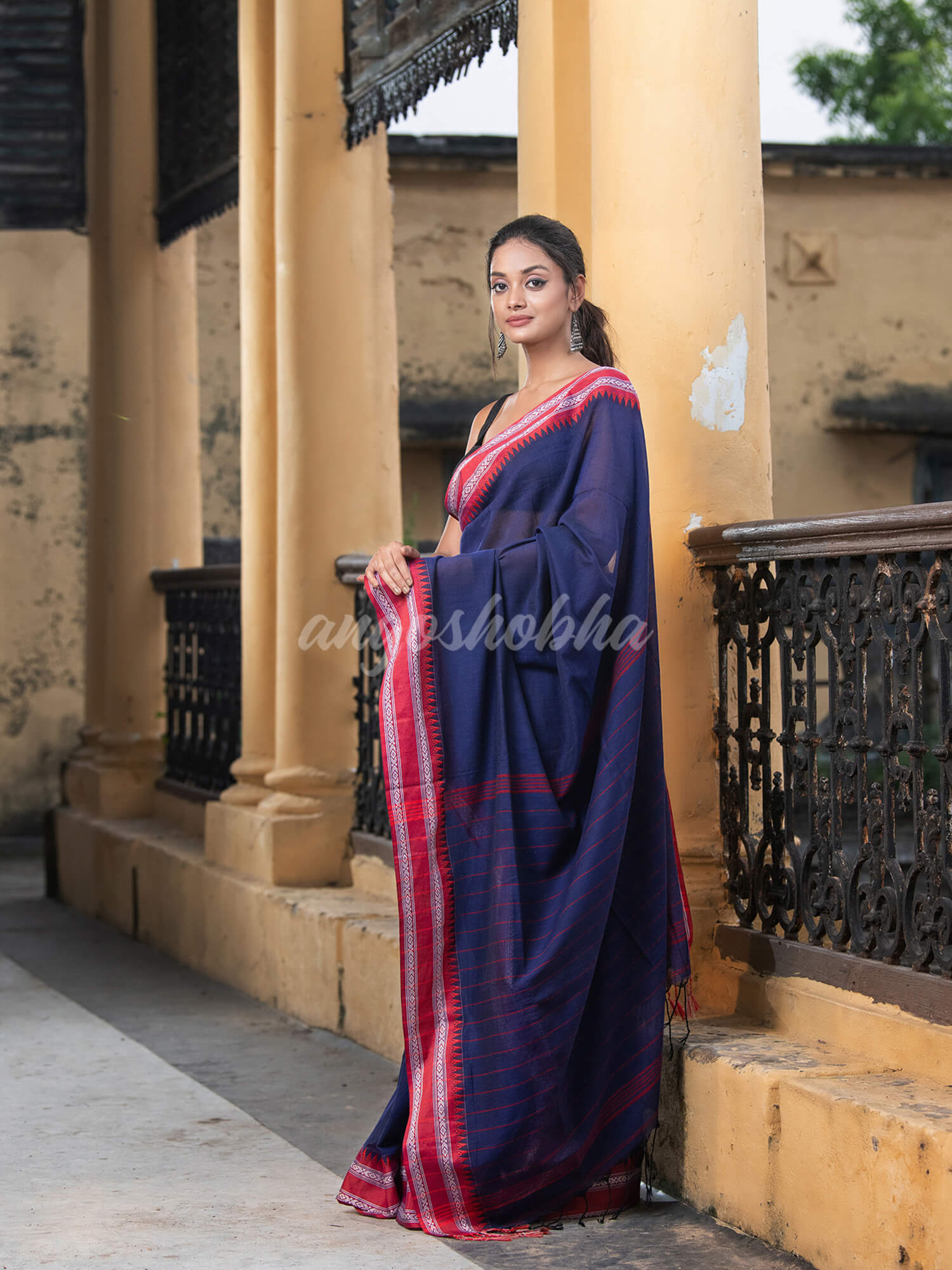 Cobalt Blue Cotton Solid Body Jacquard Border With Pallu Stripe Handloom Saree
