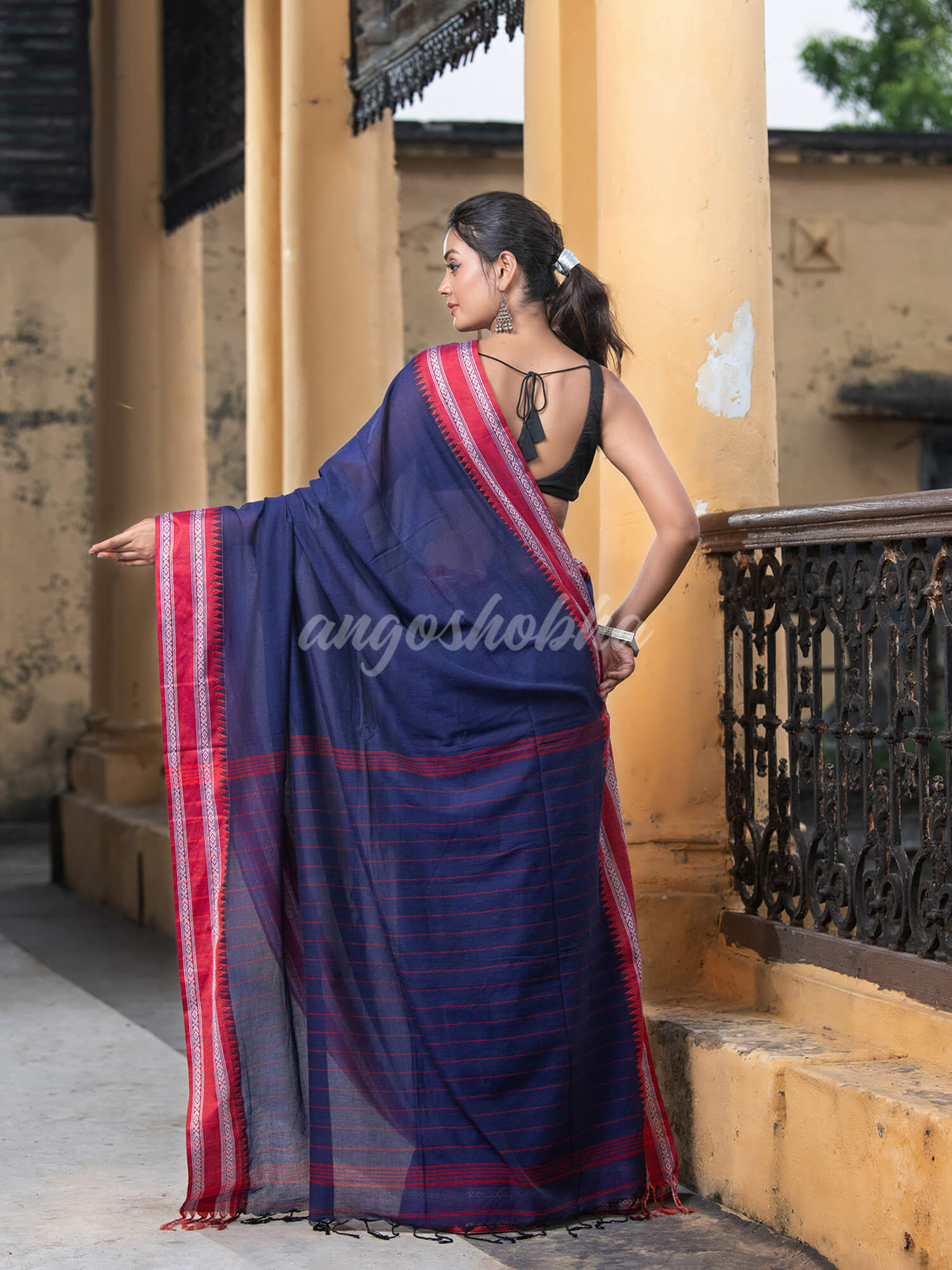 Cobalt Blue Cotton Solid Body Jacquard Border With Pallu Stripe Handloom Saree