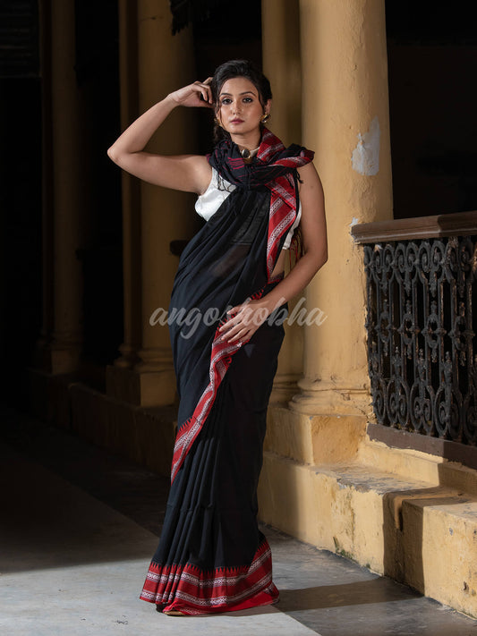 Black Cotton Solid Body Jacquard Border With Pallu Stripe Handloom Saree