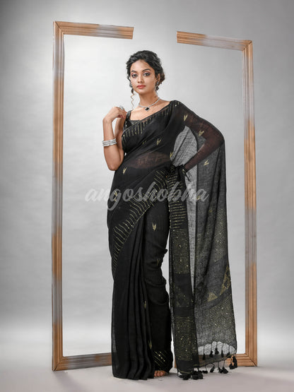 Black Linen Sequin Work Handwoven Saree