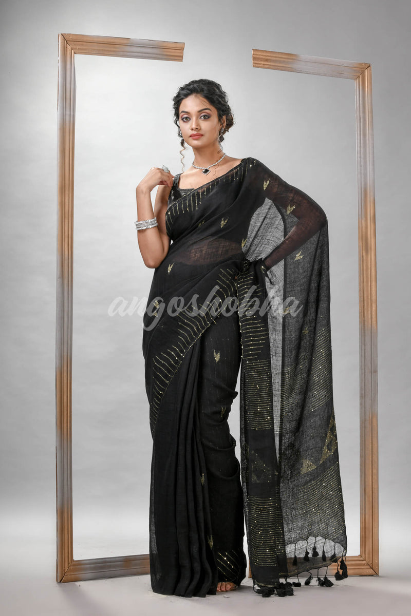 Black Linen Sequin Work Handwoven Saree