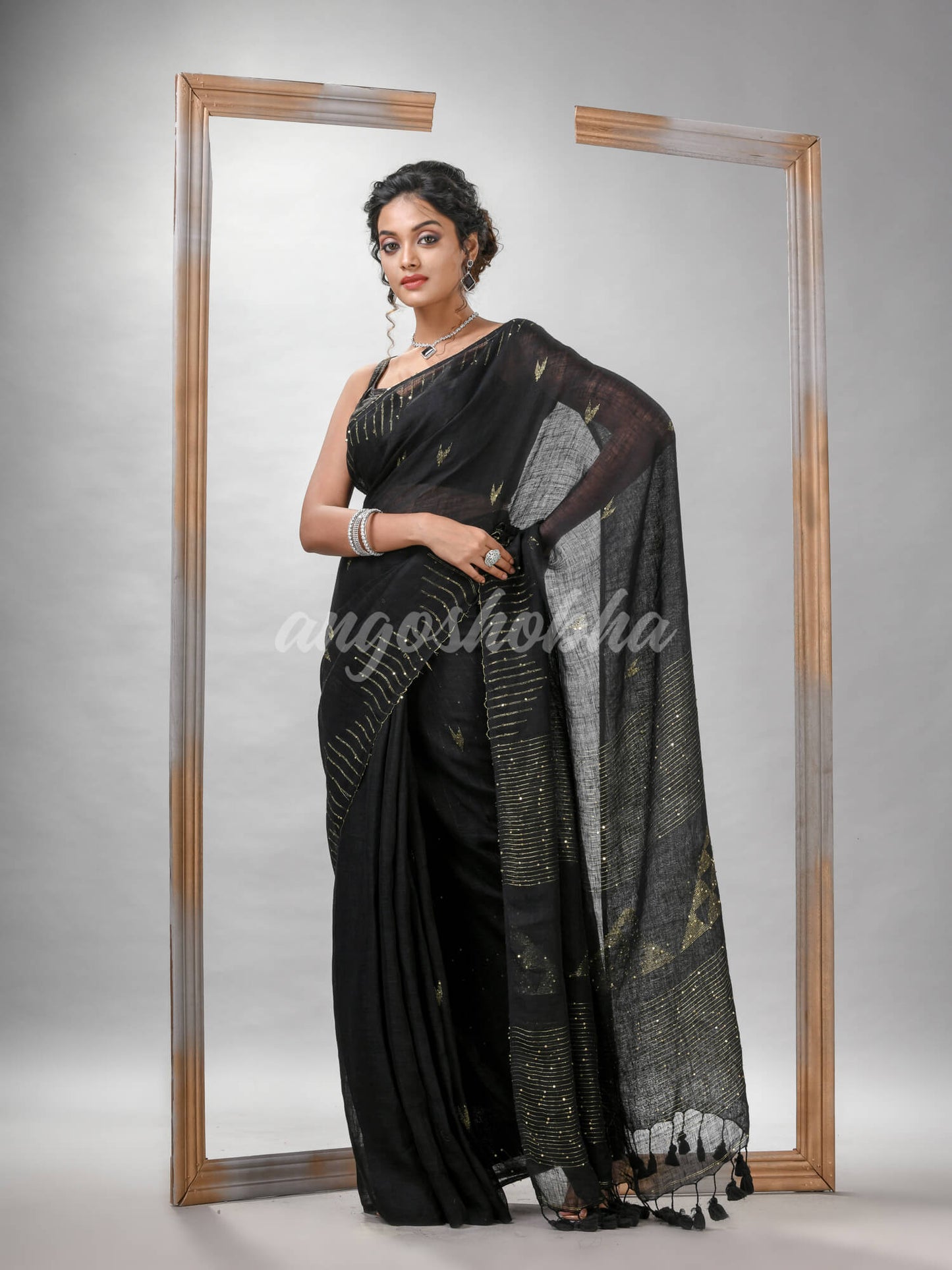 Black Linen Sequin Work Handwoven Saree