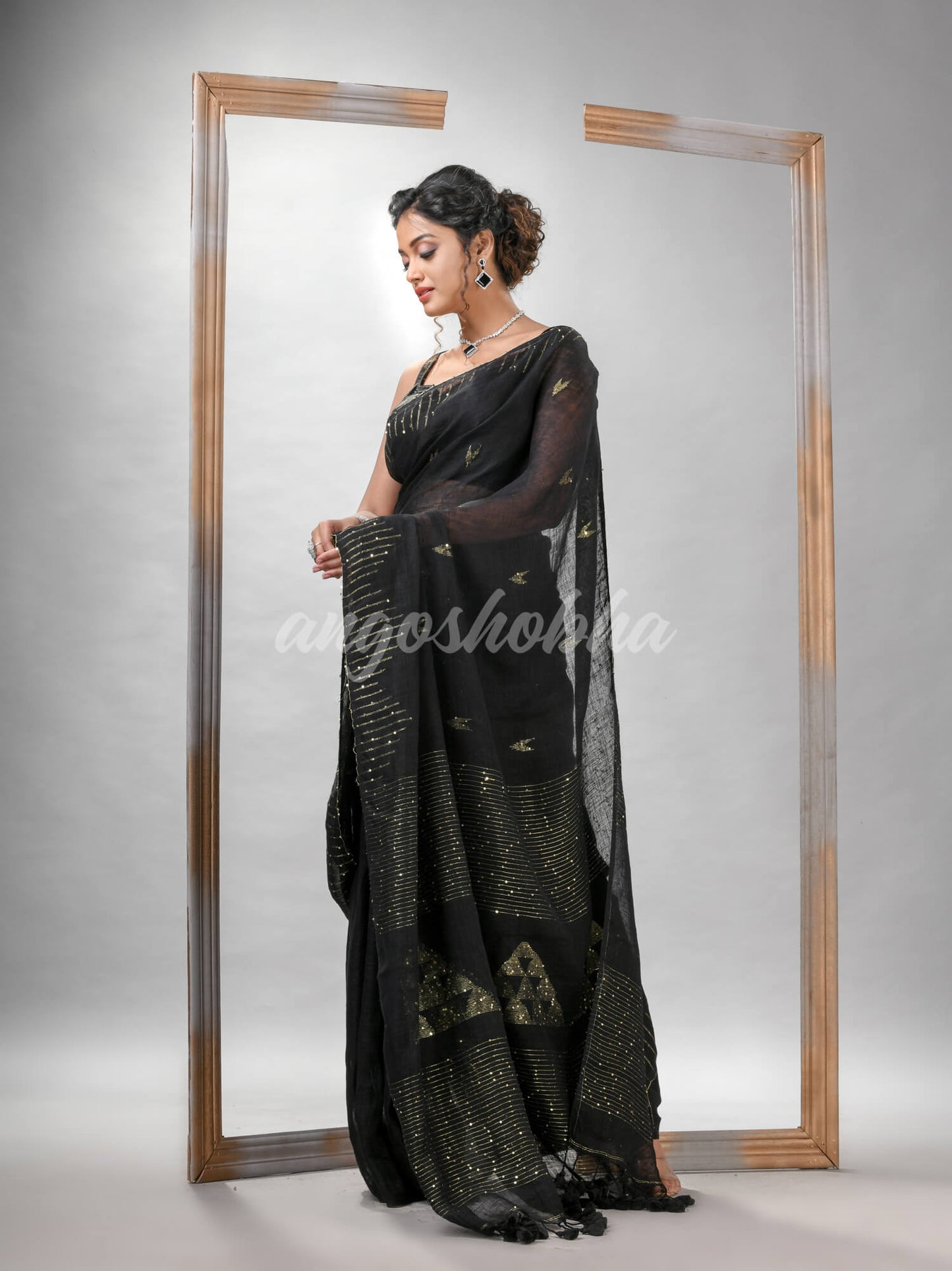 Black Linen Sequin Work Handwoven Saree