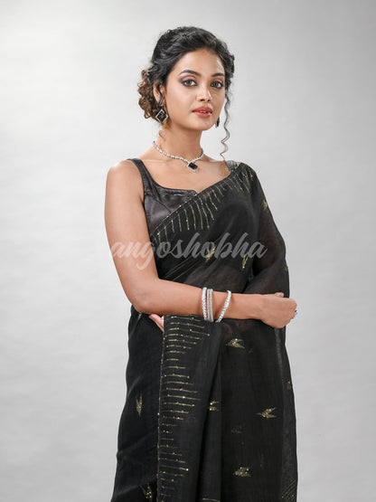 Black Linen Sequin Work Handwoven Saree