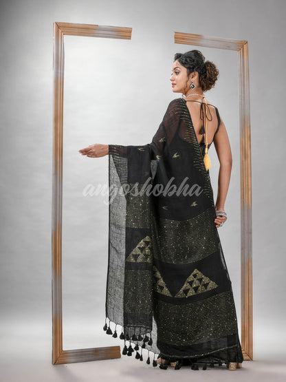 Black Linen Sequin Work Handwoven Saree