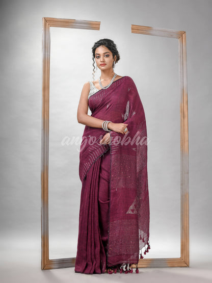 Plum Purple Linen Sequin Work Handwoven Saree