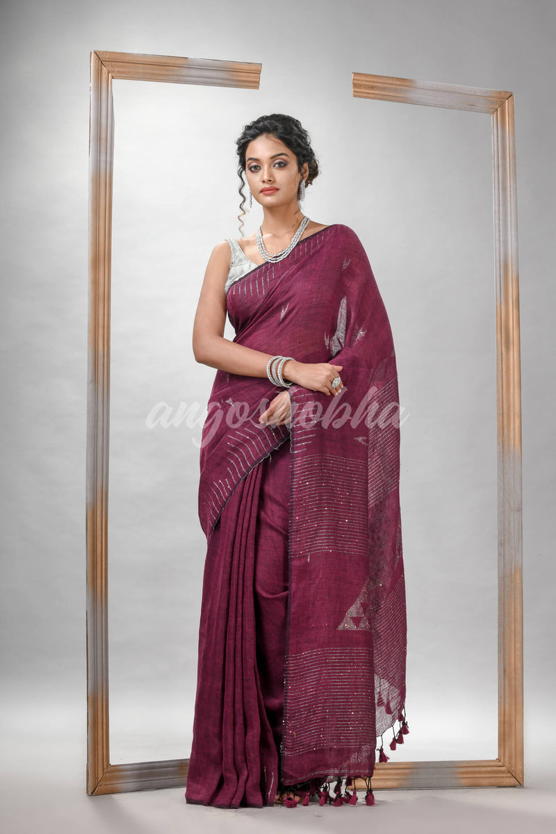Plum Purple Linen Sequin Work Handwoven Saree