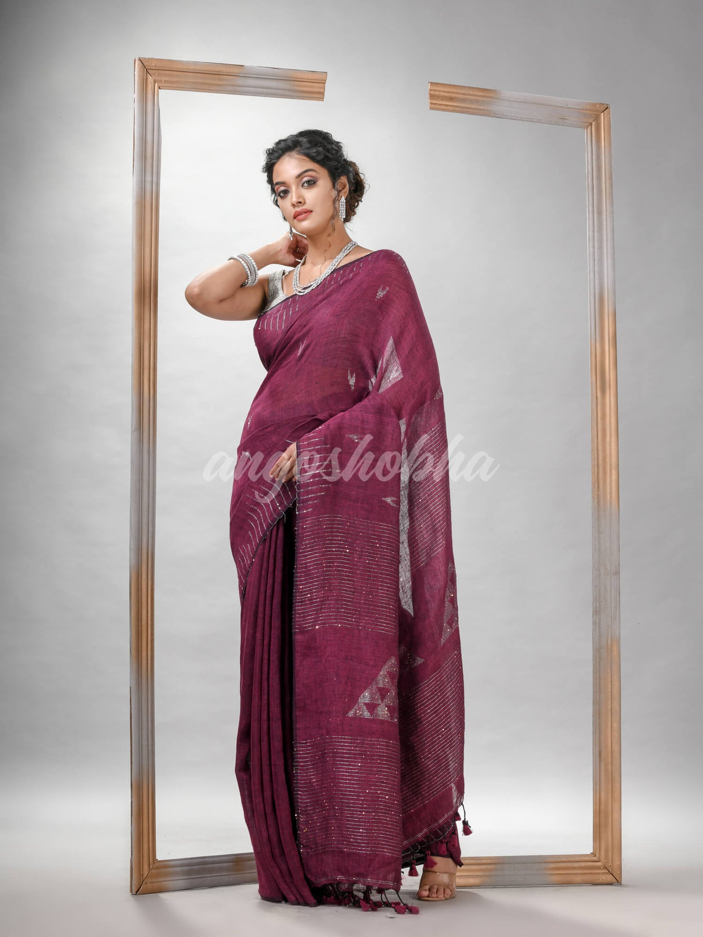 Plum Purple Linen Sequin Work Handwoven Saree