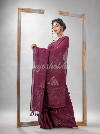 Plum Purple Linen Sequin Work Handwoven Saree