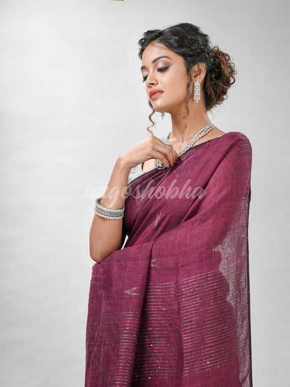 Plum Purple Linen Sequin Work Handwoven Saree