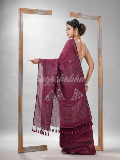 Plum Purple Linen Sequin Work Handwoven Saree