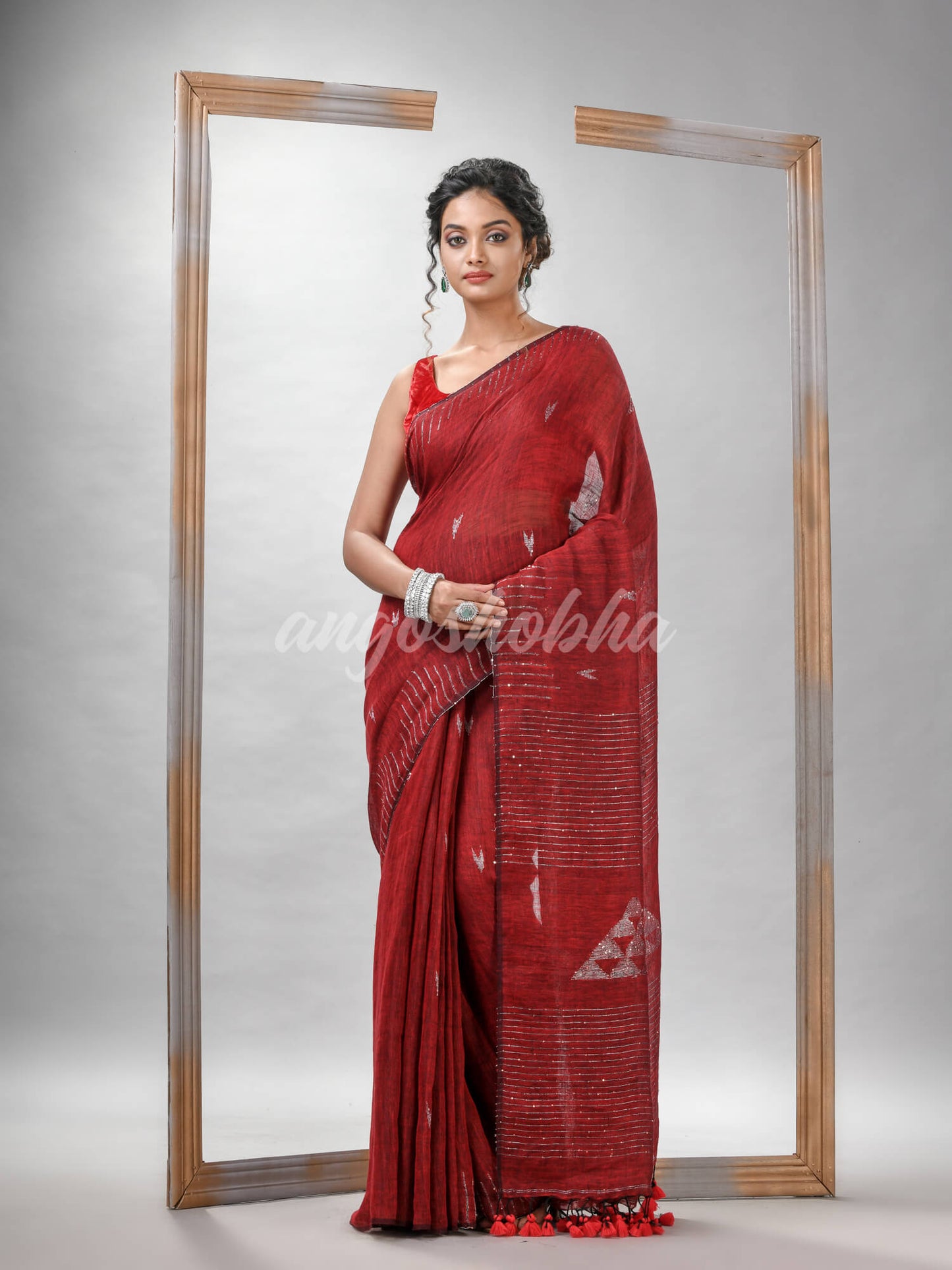 Red Linen Sequin Work Handwoven Saree