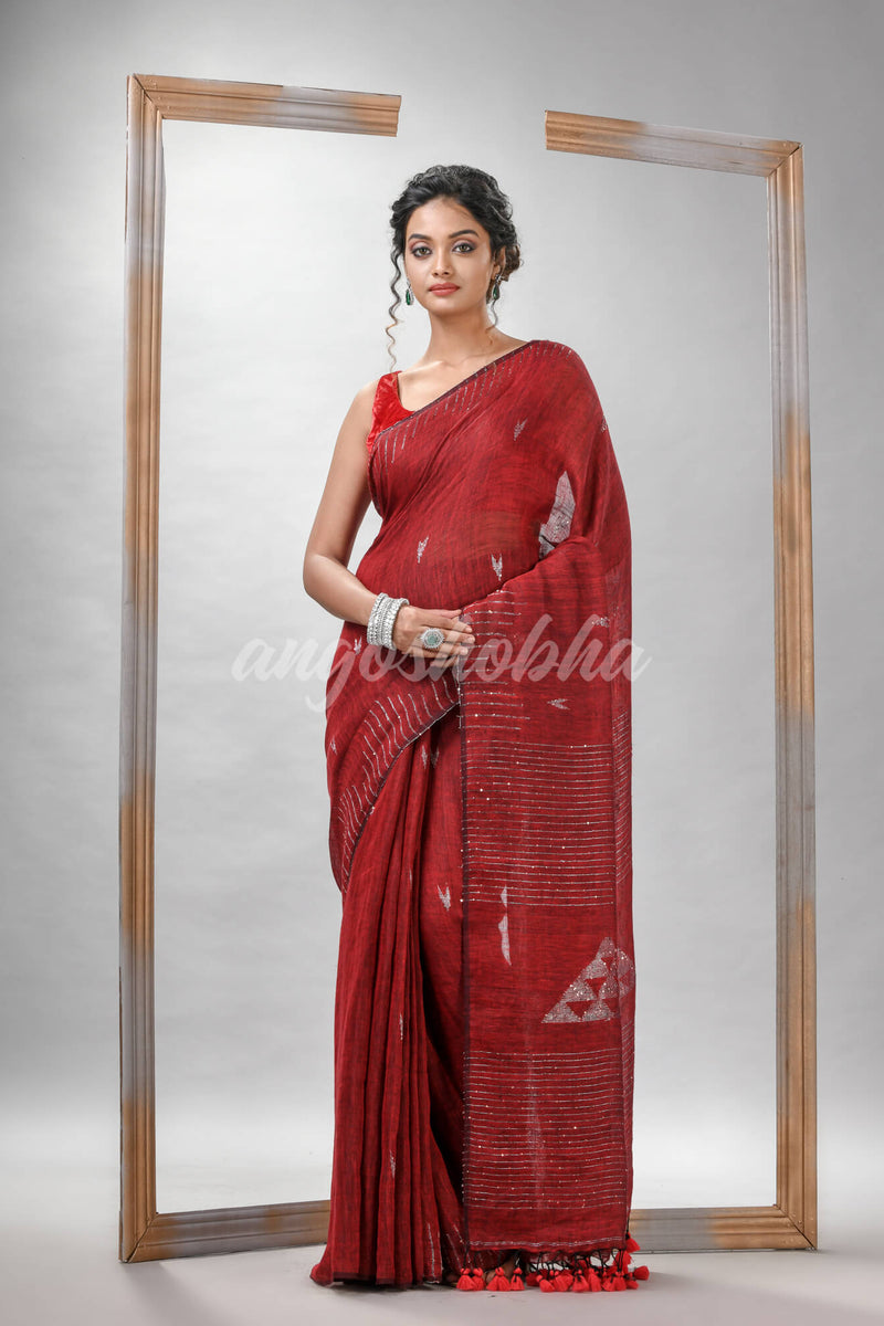Red Linen Sequin Work Handwoven Saree