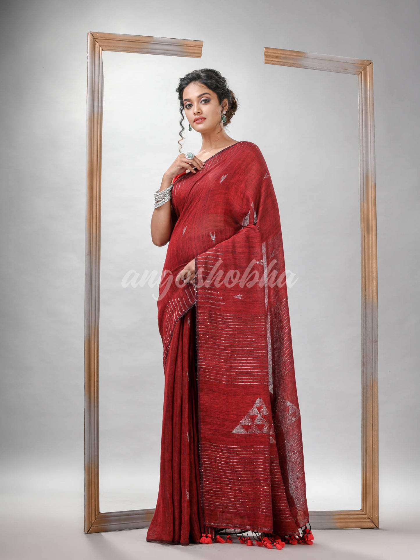 Red Linen Sequin Work Handwoven Saree