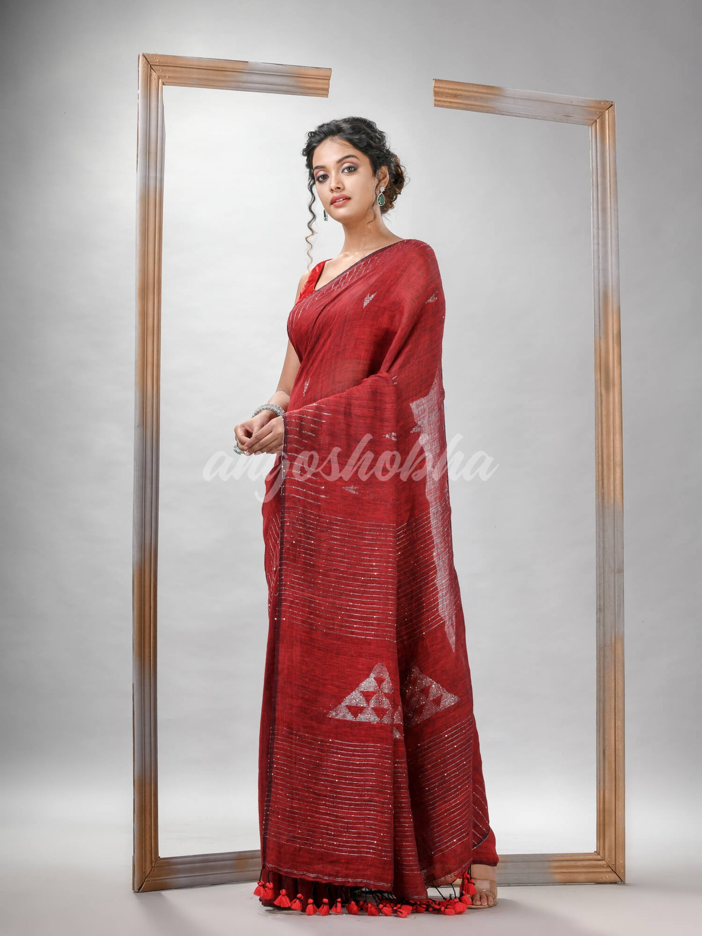 Red Linen Sequin Work Handwoven Saree