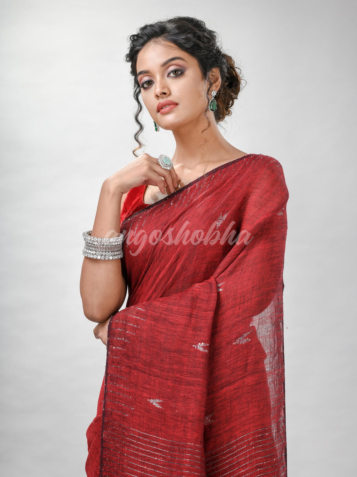 Red Linen Sequin Work Handwoven Saree