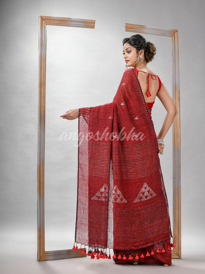 Red Linen Sequin Work Handwoven Saree