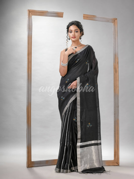 Black Silk Linen All Body Buti With Pallu Silver Zari Handloom saree