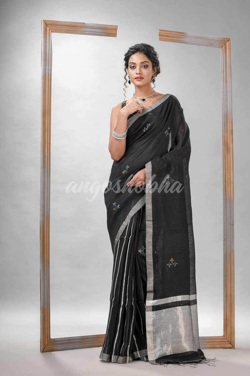 Black Silk Linen All Body Buti With Pallu Silver Zari Handloom saree
