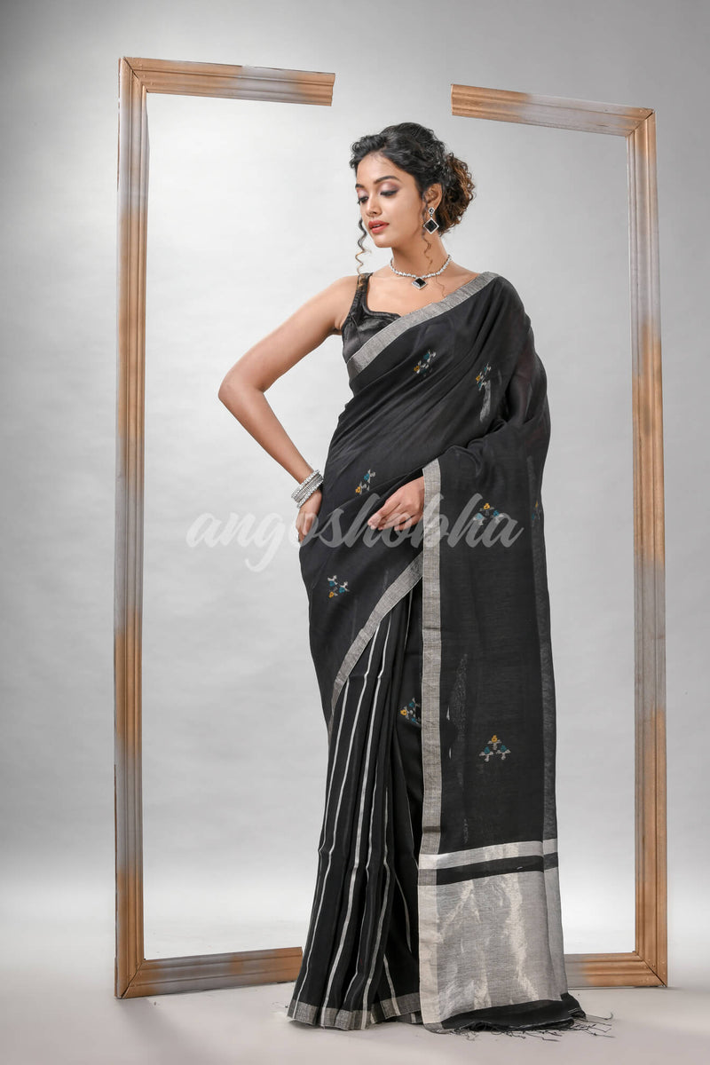 Black Silk Linen All Body Buti With Pallu Silver Zari Handloom saree
