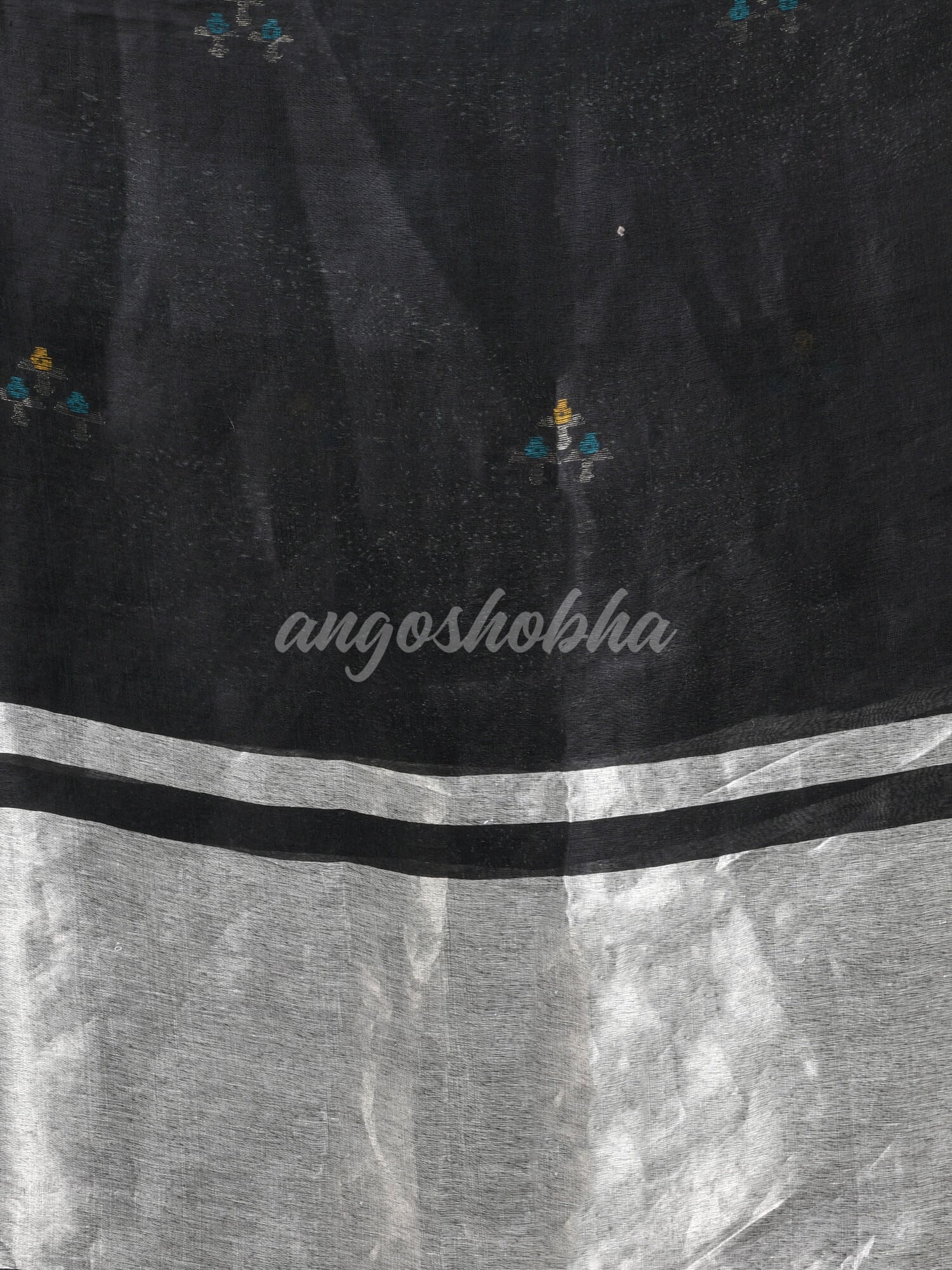 Black Silk Linen All Body Buti With Pallu Silver Zari Handloom saree