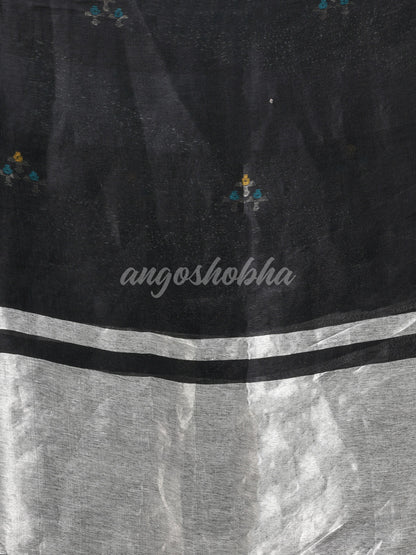 Black Silk Linen All Body Buti With Pallu Silver Zari Handloom saree