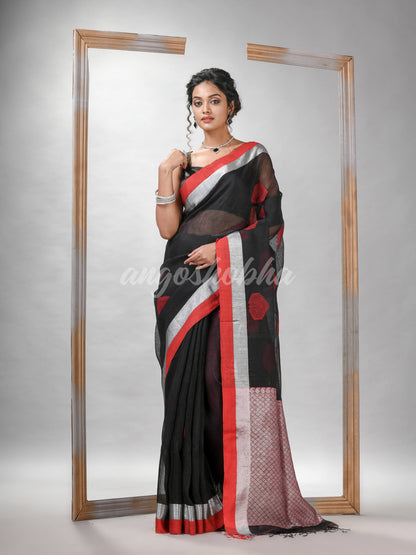 Black Blend Silk Linen All Body Motive With Red White Border Jacquard saree